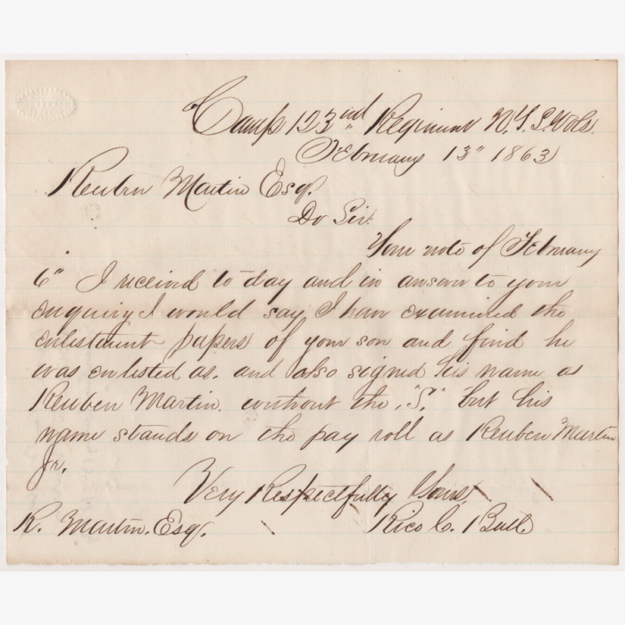 Sergeant Rice C. Bull 123rd New York Infantry Response Letter